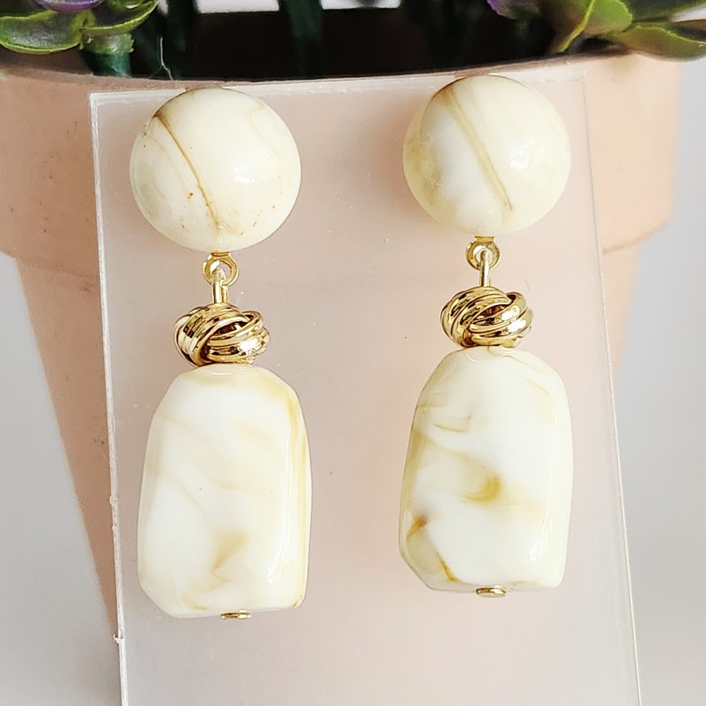 Source Unknown Cream Marble Drop Earrings with Gold Accents